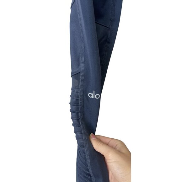 Alo Size XS Leggings Moto Mesh High Waist Navy Blue  Long Yoga Barre Workout - Picture 9 of 10